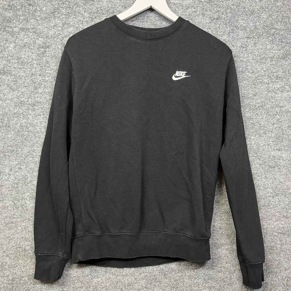 Nike Crewneck Sweatshirt Men's Black Fleece Swoosh Logo Pullover Sports - Small